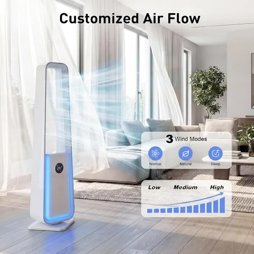 Miniatura 4 de Ventilador de torre sin aspas de 36 pulgadas para dormitorio, potente ventilador de pie de 25 pies con control remoto, 4 colores LED, 12