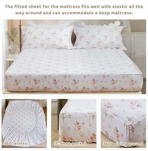 Miniatura 4 de QSH Juego de sábanas florales tamaño Queen - Vintage chic desgastado, flores de rosa, 100% algodón, ropa de cama estampada, sábanas tamaño Queen
