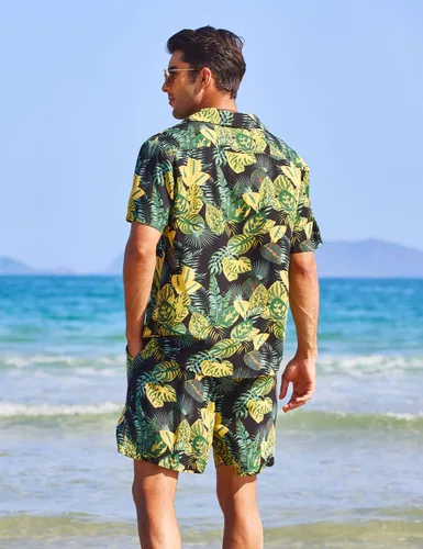 Miniatura 4 de COOFANDY Conjunto de camisa hawaiana para hombre, diseño floral, cuello cubano, con botones