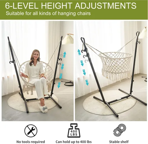 Miniatura 5 de Hamaca con soporte incluido con soporte para teléfono, silla doble colgante, macramé, estilo boho, hecha a mano, columpio ajustable para interiores