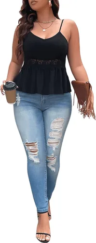 Miniatura 5 de SOLY HUX Camisola casual para mujer, talla grande, con ribete de encaje, dobladillo con volantes, tirantes delgados