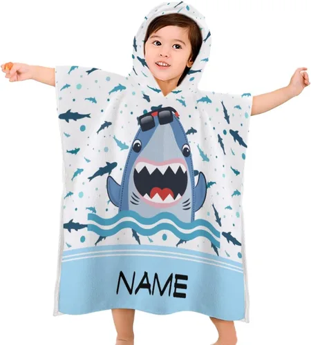 Toalla de baño personalizada con capucha para niños, añade tu nombre, lindo poncho de natación de tiburón, toalla de playa personalizada con capucha