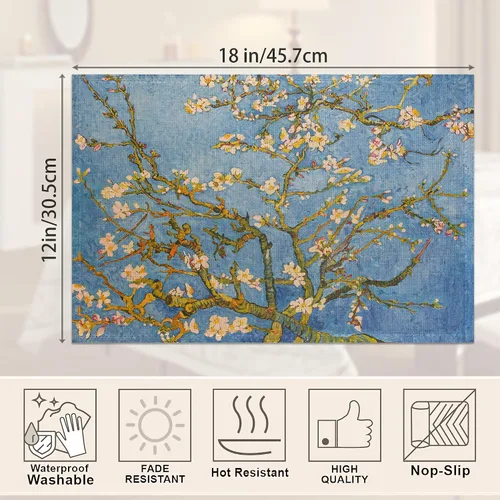 Miniatura 2 de Juego de 6 manteles individuales con diseño de almendros en flor, resistentes al calor, lavables, antideslizantes, para decoración de fiestas