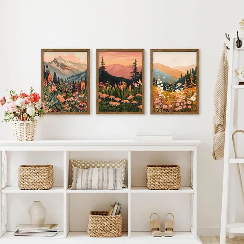 Miniatura 4 de WRFON Lienzo botánico y de flores, arte enmarcado de pared de paisaje de montaña, juego de 3, impresión en lienzo de prado de flores silvestres