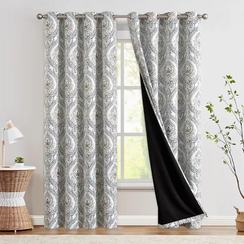 Miniatura 30 de jinchan Cortinas opacas de 90 pulgadas de largo, 2 paneles de medallón de damasco azul, cortinas de ventana para dormitorio, con ojales, aislamiento