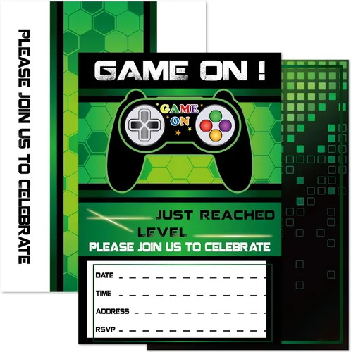 WERNNSAI Juego de 20 invitaciones para fiesta de cumpleaños de videojuegos con sobres, invitaciones de fiesta de juegos verdes para niños,