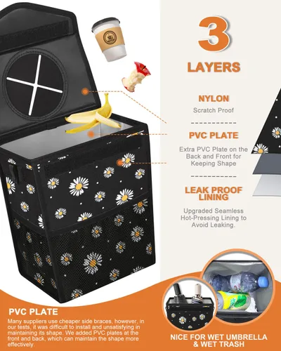 Miniatura 3 de Pritent Bote de basura para automóvil con tapa, bonito cubo de basura a prueba de fugas para colgar del vehículo, pequeño organizador portátil
