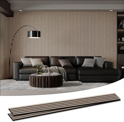 Miniatura 9 de Paquete de 4 paneles acústicos de pared de 105.9" x 12.6" x 0.8" que absorben sonido, paneles de pared de listones de madera para decoración de Teca
