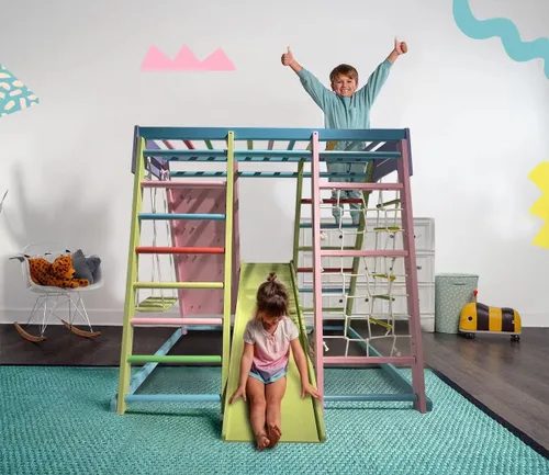 Miniatura 7 de Avenlur Magnolia Zona de juegos para interiores 7 en 1, gimnasio de la selva para niños de 2 a 6 años - Tobogán, pared de escalada, escalador