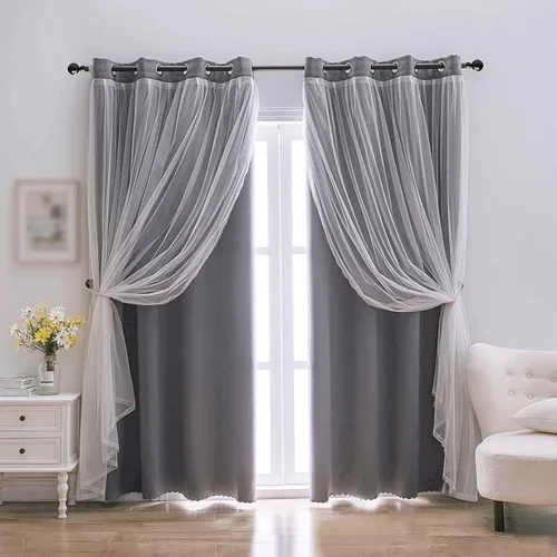 Miniatura 18 de indistar Cortinas Oscuras para el Hogar de Doble Capa con Capa Sólida y Transparente, Par de Paneles de Cortina con Ojales en la Parte Superior, 52