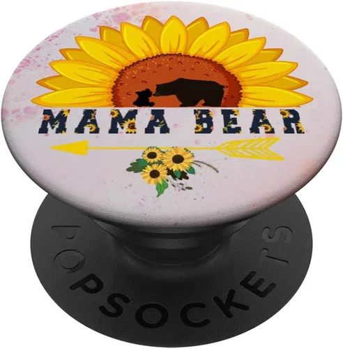 Mamá oso de girasol floral lindo bebé cachorro PopSockets agarre y soporte para teléfonos y tabletas, Negro