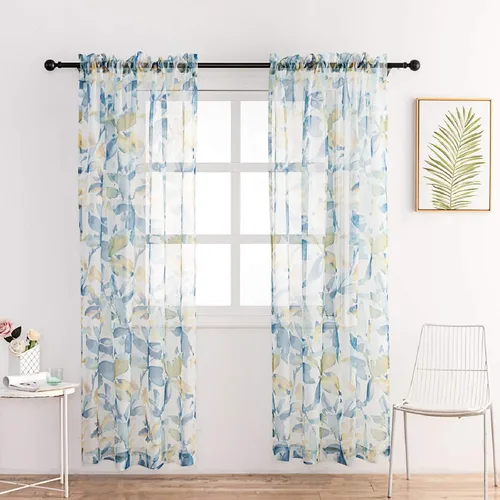 Miniatura 2 de VISIONTEX Cortinas transparentes con estampado de gasa, estilo abstracto europeo, estampado de hojas azules y amarillas, 2 paneles para decoración
