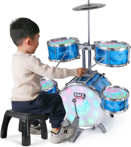 Juego de batería para niños pequeños con kit de batería de 5 jazz y luces (controlado por vibración) y aleación, instrumentos musicales, juguetes