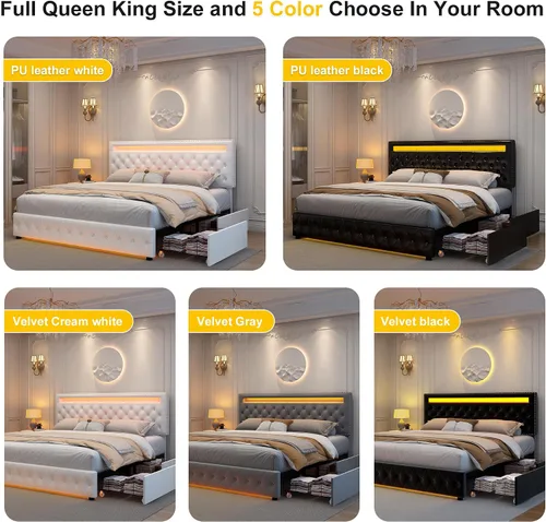Miniatura 7 de GEGOFORU Marco de Cama LED King con 4 Cajones de Almacenamiento, con Control Inteligente de Luces LED RGBW en Cabecero y Piecero, Control