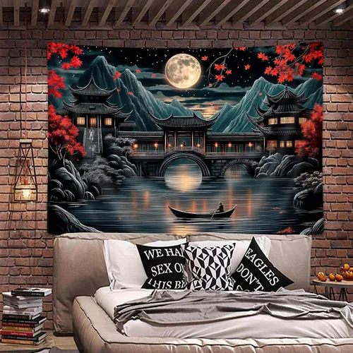 Miniatura 7 de Uokiuki Tapiz de anime japonés, tapiz de luna llena de luna llena de luna llena negro y rojo para colgar en la pared, tapiz estético de paisaje