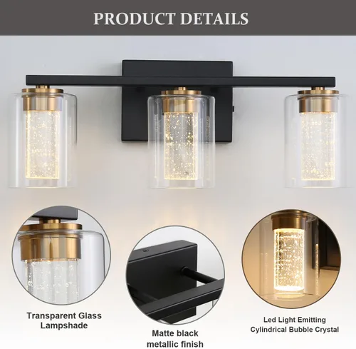 Miniatura 2 de EMONG Lámpara de baño de 3 luces negras y doradas, luces LED regulables de 5 CCT con vidrio transparente, 2700 K-6500 K, luz de tocador de baño