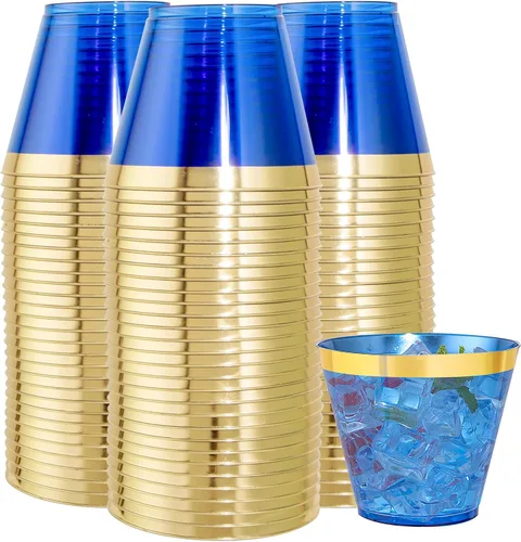 Nervure 240 vasos de plástico azules – Vasos de plástico con borde dorado de 9 onzas – Taza azul desechable resistente con borde dorado perfecto