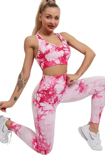 Miniatura 5 de YuMENo Conjuntos de entrenamiento de teñido anudado para mujer, 2 piezas, sin costuras, cintura alta, leggings de yoga con brasier deportivo, ropa