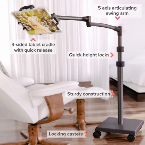 Miniatura 3 de Levo G2 Soporte Premium para Tablet en el Piso con Brazo Ajustable de 5 Ejes para iPad, Kindle, Samsung – Rango de Altura 30–56 Pulgadas – Lectura
