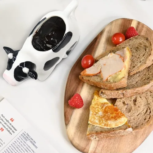 Miniatura 6 de Bote de salsa blanca, jarra de cerámica de vaca de 11 onzas, jarra de salsa pequeña con mango suave, bote de salsa de porcelana para aderezo