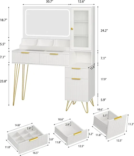 Miniatura 6 de Escritorio de tocador de 43 pulgadas con espejo y luces, mesa de tocador de maquillaje con 4 cajones, tocador blanco para dormitorio, escritorio