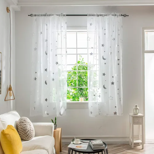 Miniatura 8 de Cortinas Transparentes con Estampado de Lámina Plateada de Luna y Estrellas para Habitación de Niñas - Cortinas de Ventana con Bolsillo