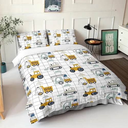 Miniatura 2 de Juego de funda de edredón para niños, camión de construcción, maquinaria, camión, excavadoras, vehículos, caricatura, tractor, juego de ropa de cama