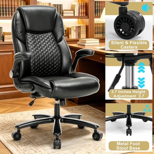 Miniatura 8 de Silla de oficina ejecutiva grande y alta, silla de escritorio giratoria de piel sintética con brazos abatibles, soporte lumbar ajustable, altura que