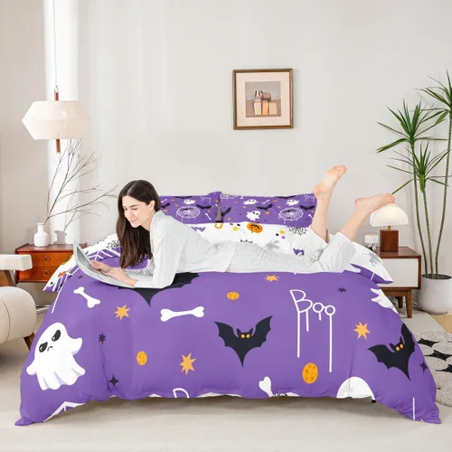Miniatura 5 de Juego de ropa de cama de Halloween, funda de edredón gótica de murciélagos negros con telarañas, funda de edredón individual, diseño de arañas