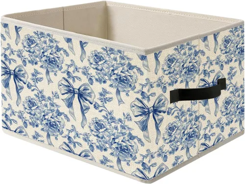 Caja de almacenamiento de lazo floral azul y blanco con asas, cesta organizadora plegable de flores de estilo francés Toile de Jouy, caja de