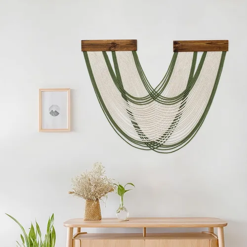 Miniatura 3 de Tapiz bohemio de macramé para colgar en la pared, tejido teñido anudado de fibra verde y blanca, hecho a mano, para colgar en la pared, grande