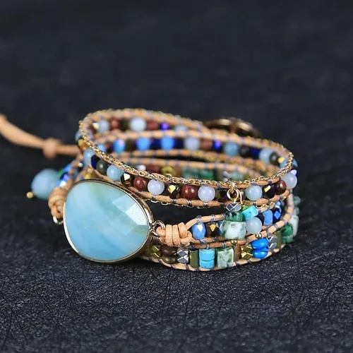 Miniatura 6 de ZOSOJONA Pulsera envolvente para mujer, estilo bohemio, con cuentas de cristal de jaspe natural, Cuero, Ágata