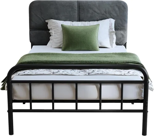 Miniatura 8 de Base de cama metálica de 14 pulgadas, base de cama tamaño individual con cabecero tapizado, base de colchón resistente y de alta capacidad, fácil