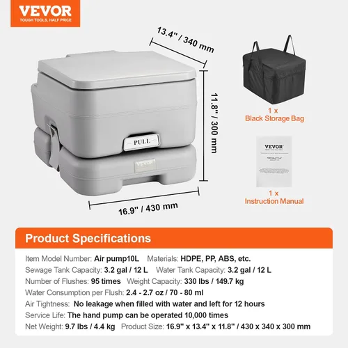 Miniatura 7 de VEVOR Inodoro portátil para camping y viajes en RV, inodoro de casete con 3.2 galones, descarga presurizada con botón pulsador, sellado a prueba