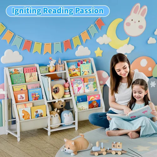 Miniatura 7 de Estantería organizadora de almacenamiento de juguetes para niños, estante para libros para habitaciones de niños, estantería infantil de 2 lados