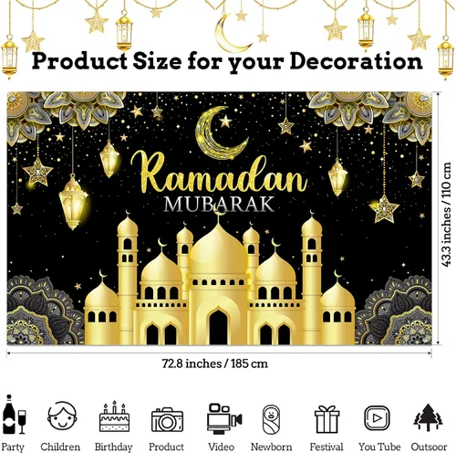Miniatura 2 de Boyiee Decoración de Ramadán Mubarak, telón de fondo musulmán Ramadán Kareem, letrero de Eid Mubarak, fondo de cabina de fotos para el hogar, Negro