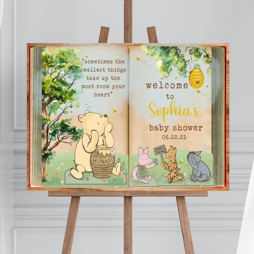 Miniatura 9 de Letrero personalizado para baby shower de oso Pooh, diseño clásico de vegetación personalizada, letrero de bienvenida para patio de baby shower