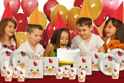 Miniatura 7 de Juego de suministros de fiesta de cumpleaños de pollo, platos, servilletas, tazas, kit de vajilla para 16