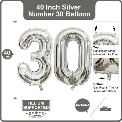 Miniatura 2 de Lovoir Globo plateado de 40 pulgadas con números de 30 dígitos gigantes de papel de aluminio de Mylar para helio plateado para fiesta de cumpleaños