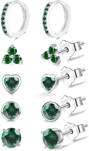 EPIRORA Juego de aretes de plata de ley 925 para mujeres y hombres, hipoalergénicos con circonita cúbica para cartílago, hélix, 5 pares de aretes de