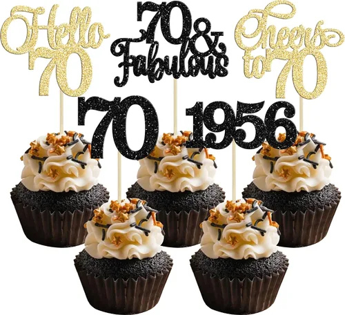 Miniatura 28 de Gyufise Paquete de 24 adornos negros para cupcakes de 10.º cumpleaños con purpurina negra 10 Ten Hello 10 Dights dobles desde 2015 para decoraciones