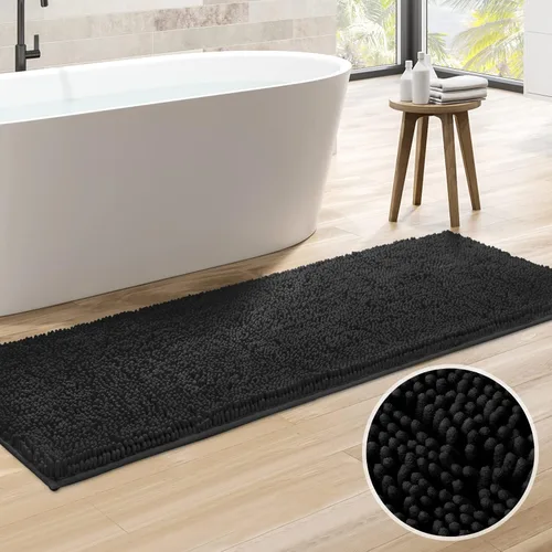 HOMEIDEAS Alfombra de baño negra de 20 x 60 pulgadas, ultra suave y absorbente, antideslizante, alfombra de baño larga, felpa de felpilla gruesa,