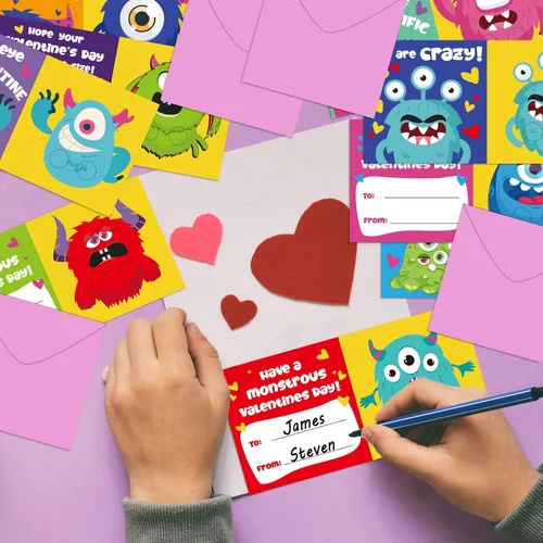 Miniatura 4 de Paquete de 36 tarjetas de marionetas de dedo de monstruo para el día de San Valentín para niños, tarjetas de regalo de San Valentín con sobres