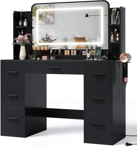 Miniatura 9 de JUMMICO Escritorio de tocador de maquillaje con espejo grande y luces, tocador con regleta de enchufes y soporte para secador de pelo, 6 estantes