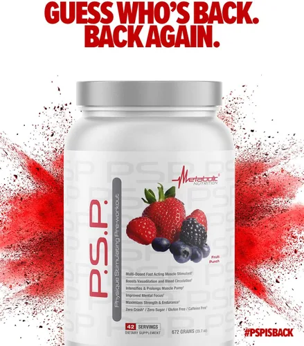 Miniatura 4 de Metabolic Nutrition P.S.P. Físico estimulante preentrenamiento 23.70 oz sin azúcar sin cafeína (ponche de fruta)