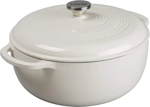 Lodge 7.5 Quart - Horno holandés de hierro fundido esmaltado con tapa – Asas duales – Apto para horno hasta 500° F o en estufa - Úselo para marinar,