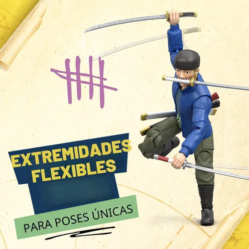 Miniatura 7 de One Piece Zoro - Figura de acción de 6 pulgadas con 5 accesorios. Incluye espadas intercambiables, soporte de espada, cara intercambiable y base
