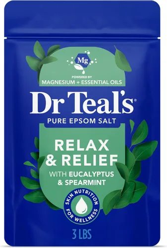 Dr Teal's - Sal de Epsom de magnesio para remojo, relajación y alivio con aceites esenciales de eucalipto y hierbabuena, 3 libras