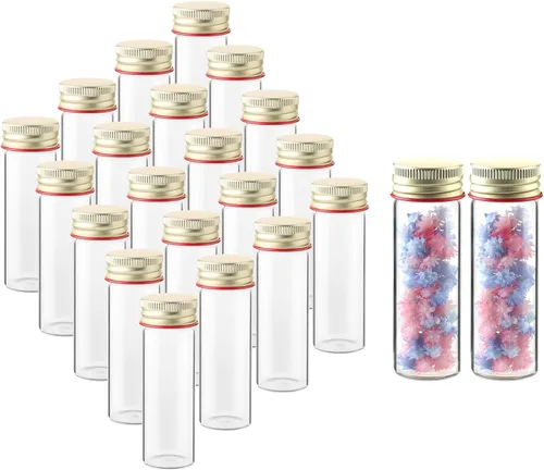 Utile 20 tubos de ensayo de vidrio, material de vidrio de borosilicato medio, tubos de ensayo de 0.8 fl oz, con tapones de rosca de aluminio,