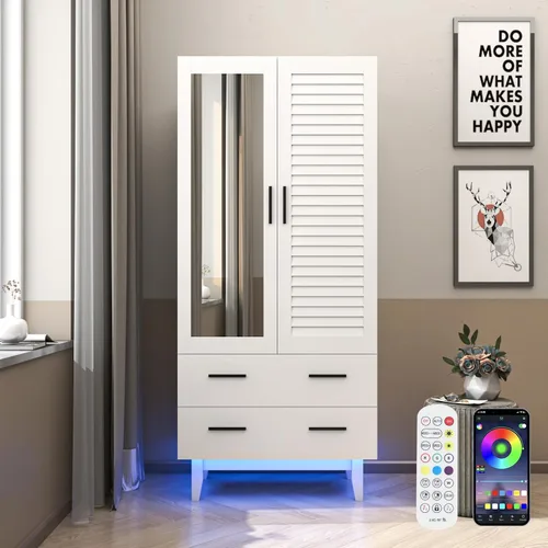 Miniatura 10 de Hlivelood Armario Ropero Closet de 2 Puertas con Espejo, Cajones y Luces LED, Estantes de Múltiples Niveles, Barra Colgante y 2 Puertas de Persiana